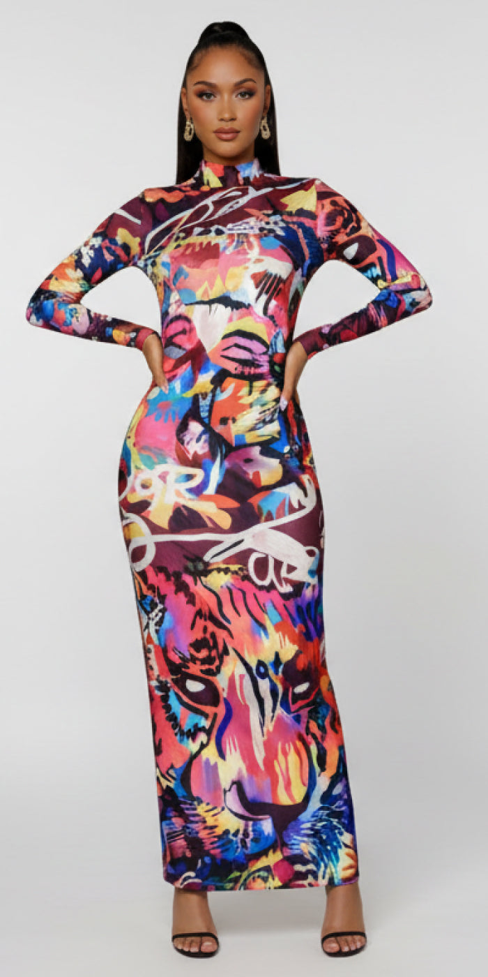 Olori Body-Con Maxi Olori Pop Art Logo  Graffiti Dress