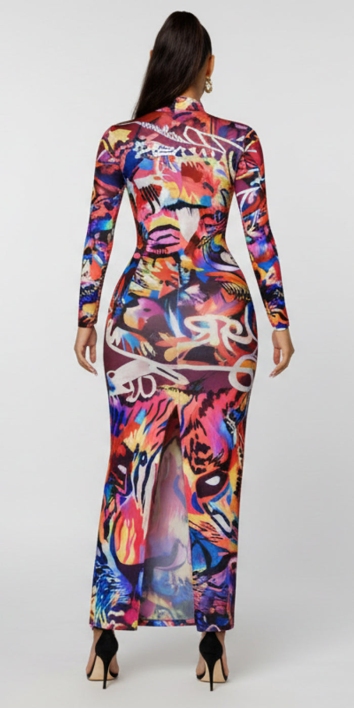 Olori Body-Con Maxi Olori Pop Art Logo  Graffiti Dress