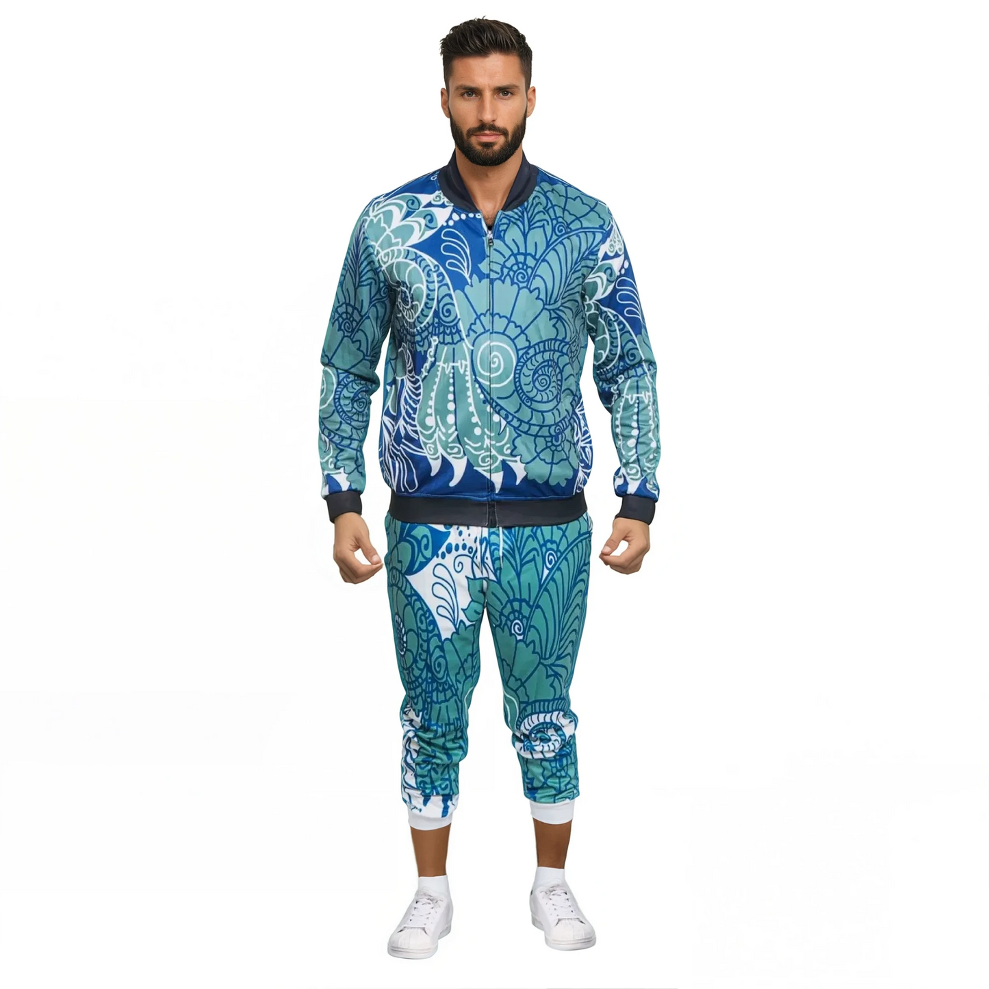 Akobi Primary Blue tones Bold Color Floral Tracksuit – Sleek, Artistic, and Urban-Chic